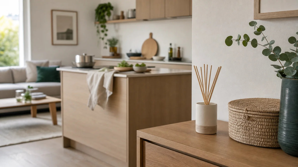 Intérieur français moderne avec un diffuseur passif sans électricité près d’une cuisine ouverte