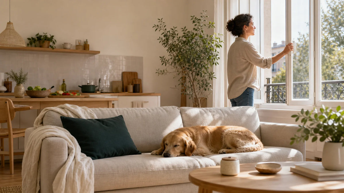 Intérieur français chaleureux avec cuisine ouverte, textiles propres et animal de compagnie, illustrant le choix d’une solution contre les mauvaises odeurs