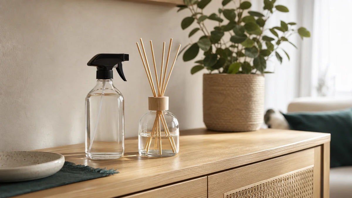 Vaporisateur générique et diffuseur à bâtonnets dans un intérieur chaleureux