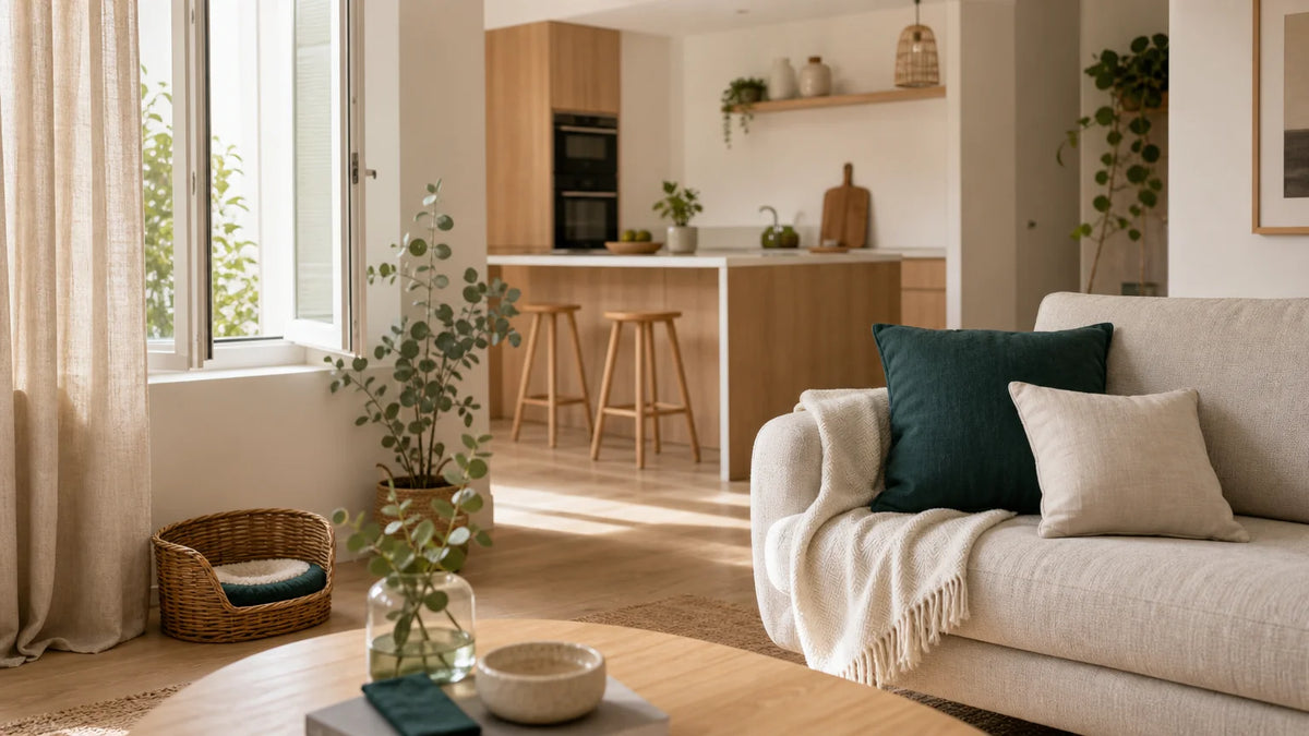 Intérieur français chaleureux avec cuisine, textiles et fenêtre ouverte pour illustrer le choix d’un diffuseur anti-odeurs
