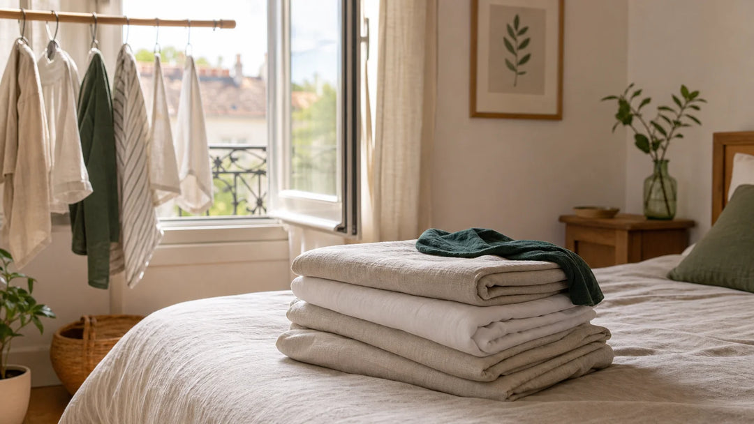 Linge de maison propre qui sèche près d’une fenêtre ouverte