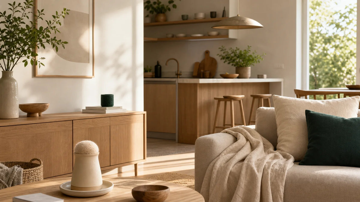 Intérieur français chaleureux avec un diffuseur d’ambiance générique Image