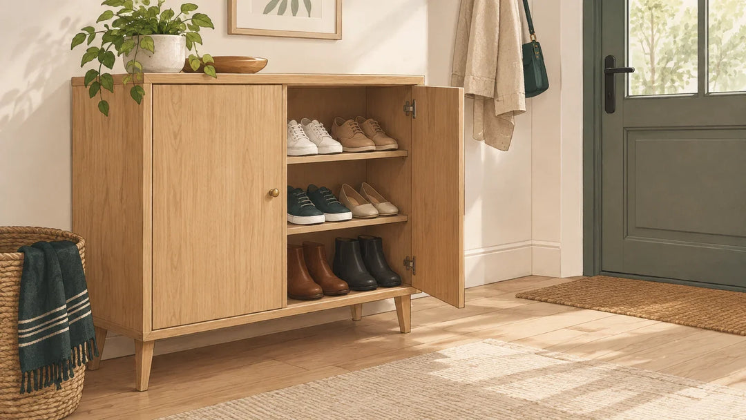 Meuble à chaussures ouvert dans une entrée lumineuse