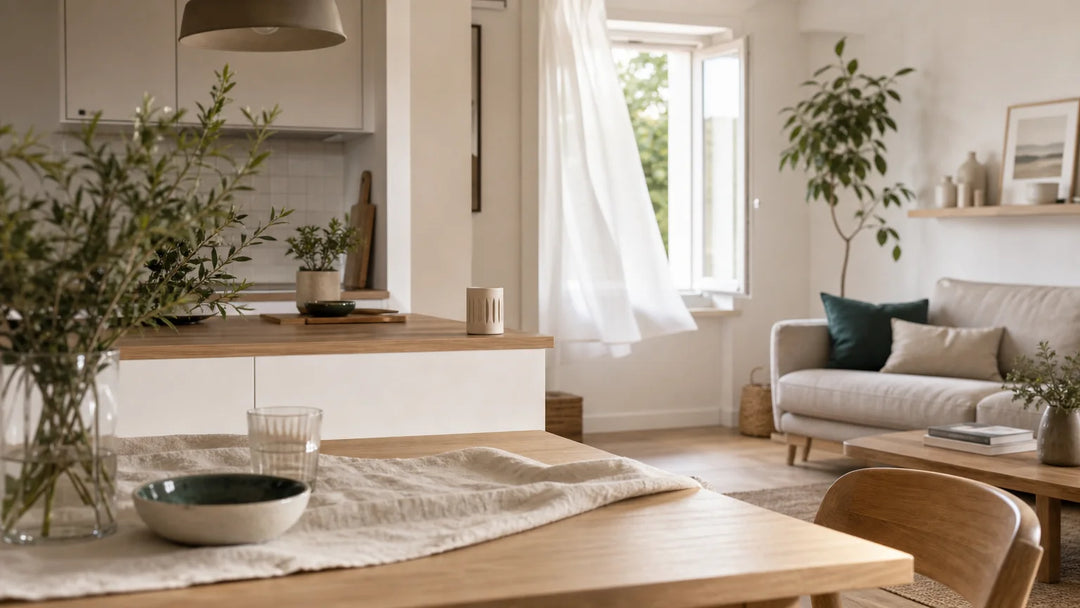 Intérieur français lumineux avec cuisine ouverte et circulation d’air pour traiter les mauvaises odeurs