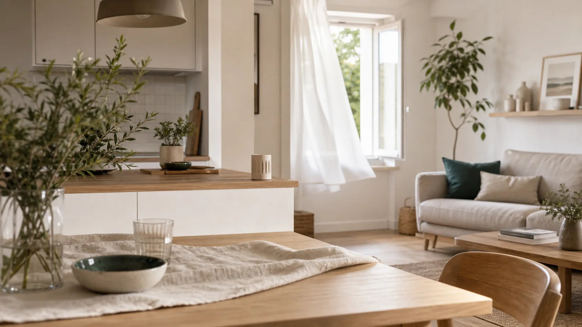 Intérieur français lumineux avec cuisine ouverte et circulation d’air pour traiter les mauvaises odeurs