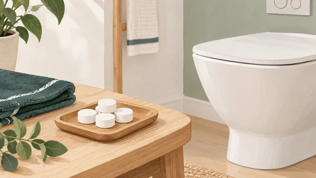 Pastilles WC maison près d’une cuvette propre dans une salle d’eau