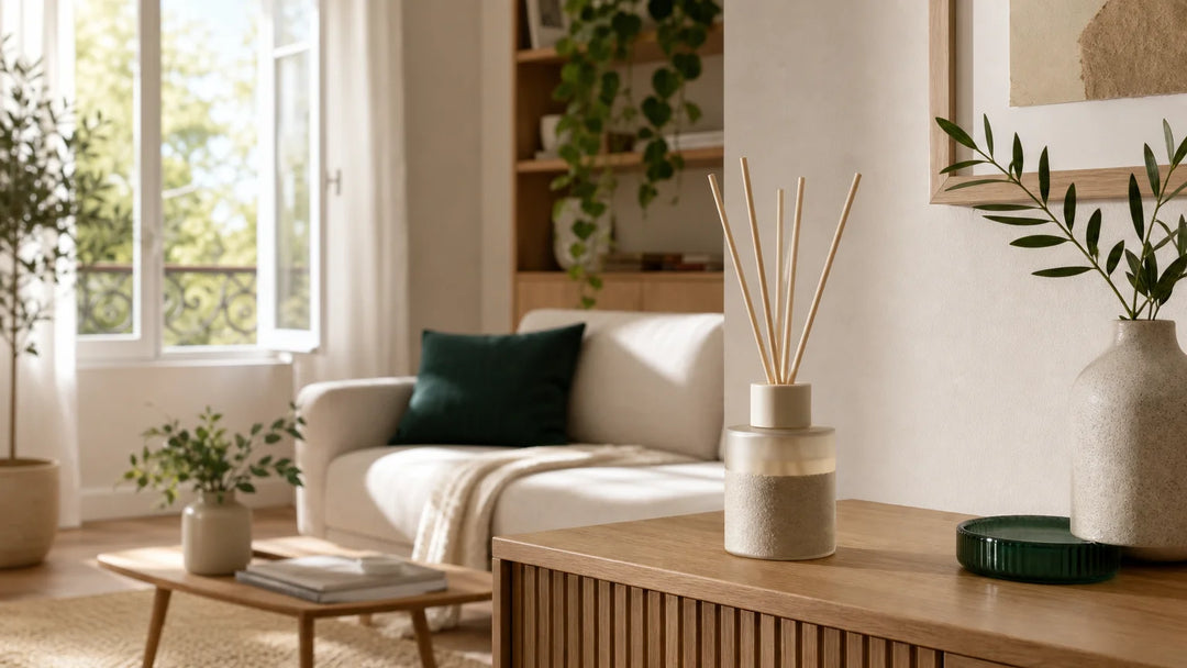 Un diffuseur générique à bâtonnets dans un salon lumineux et aéré