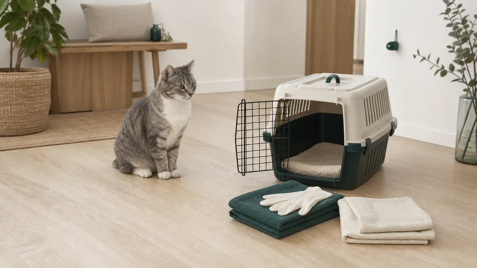 Chat calme près du matériel de nettoyage après un accident Image