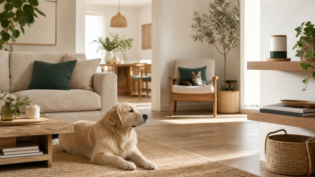 Chien et chat dans un salon avec un diffuseur générique placé hors de portée