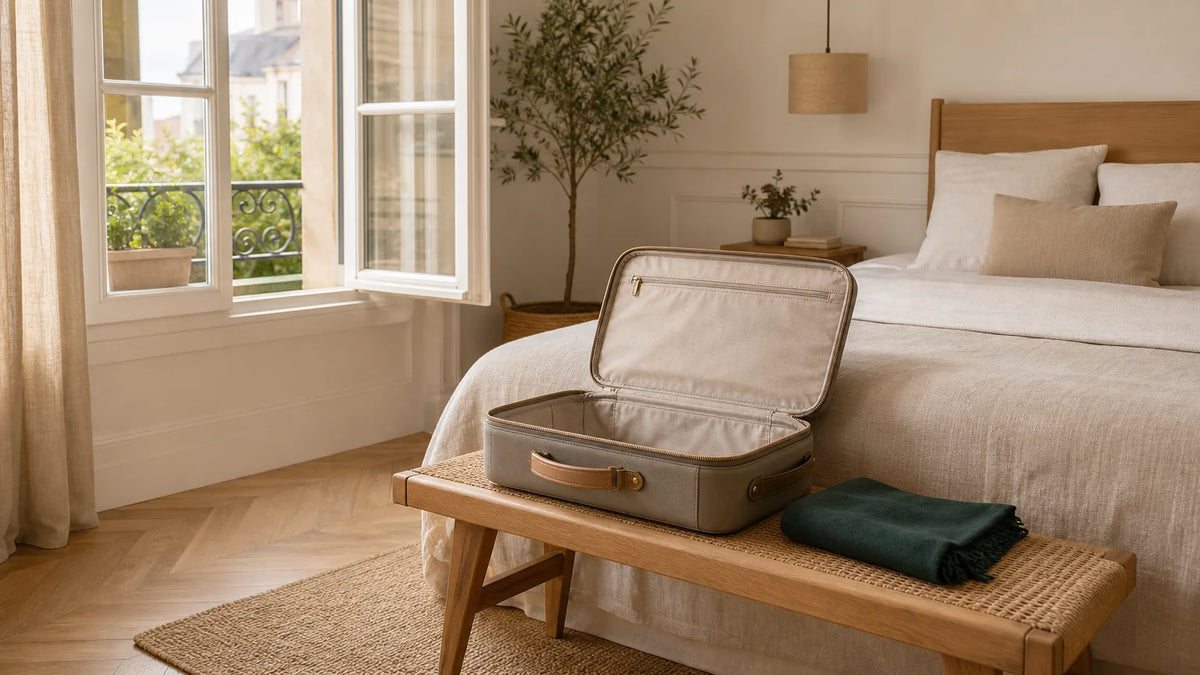 Valise ouverte dans une chambre lumineuse pour l’aérer