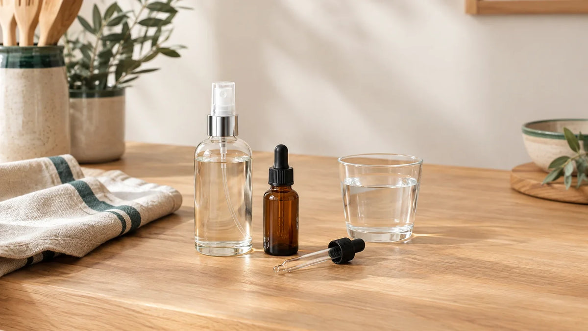 Flacon vaporisateur générique et pipette sur un plan de travail de cuisine