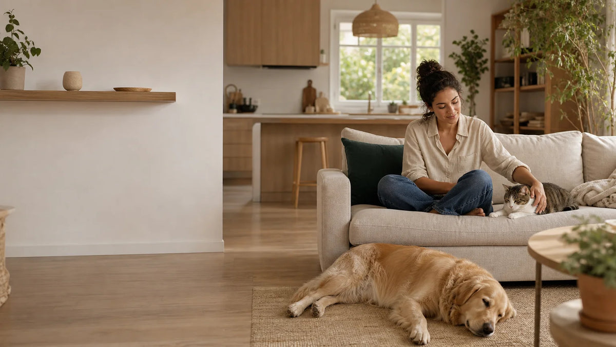 Chien et chat dans un intérieur français chaleureux avec une solution naturelle contre les odeurs Image