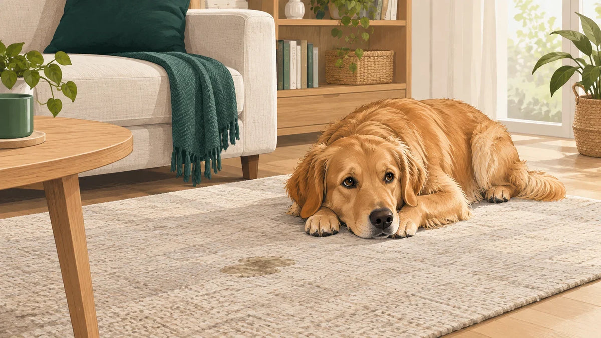 Chien près d’un tapis à nettoyer pour éliminer une odeur persistante Bild