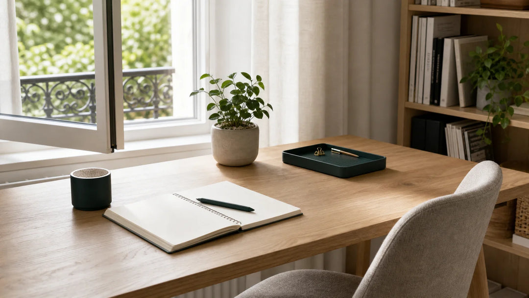 Bureau individuel aéré et lumineux, décoré de bois et de plantes