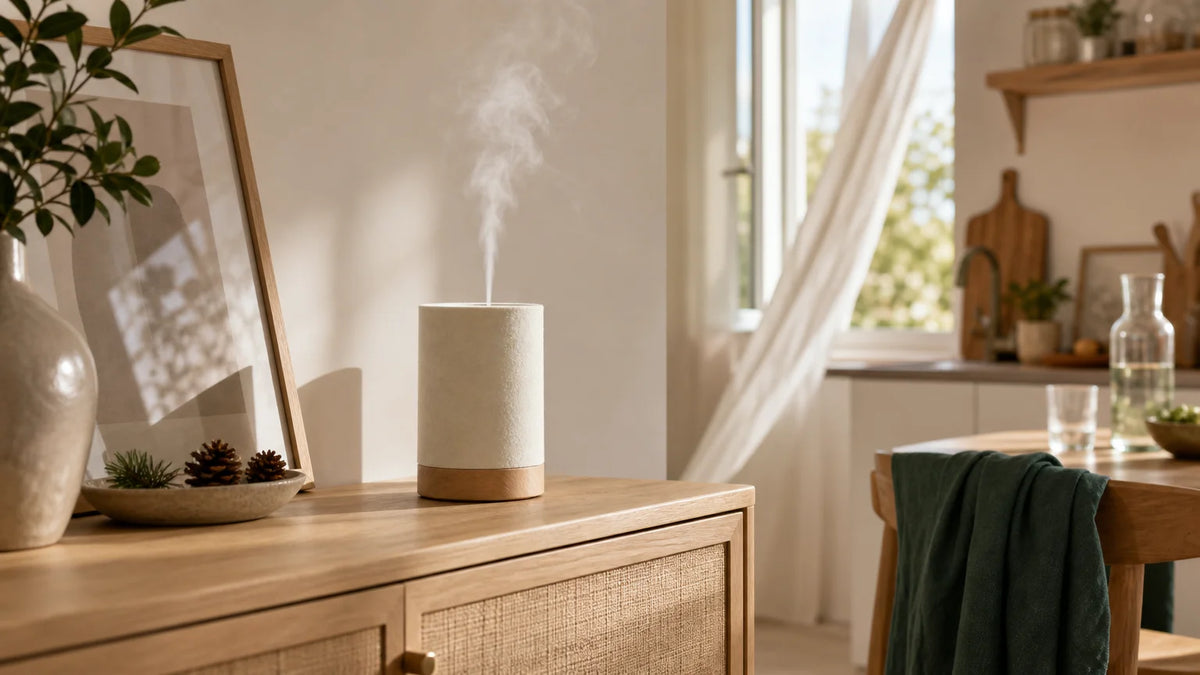 Diffuseur générique d’huiles essentielles dans un intérieur français lumineux