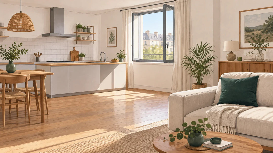 Intérieur français aéré, cuisine ouverte sur un salon chaleureux