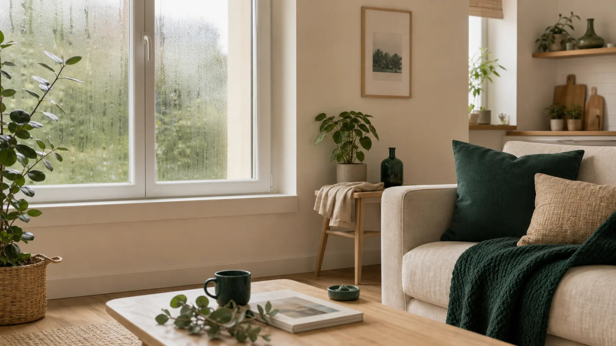 Intérieur chaleureux avec condensation légère évoquant une odeur d’humidité