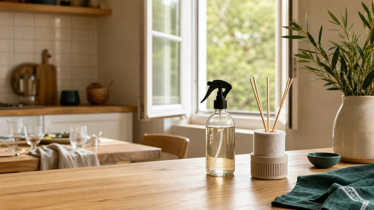 Cuisine française aérée avec un spray désodorisant et un diffuseur d’ambiance génériques Image