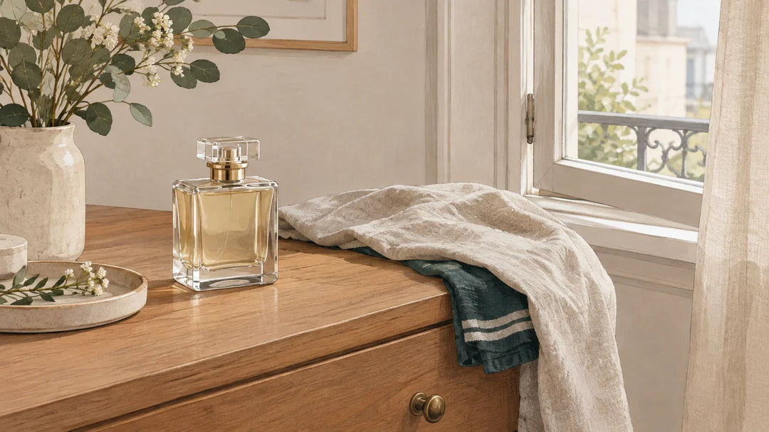 Flacon de parfum mis à l’écart près d’une fenêtre entrouverte