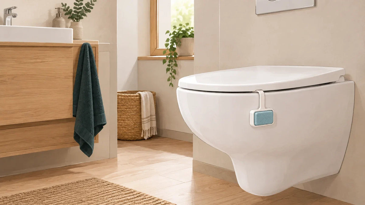 Bloc désodorisant WC dans une salle de bains chaleureuse Image
