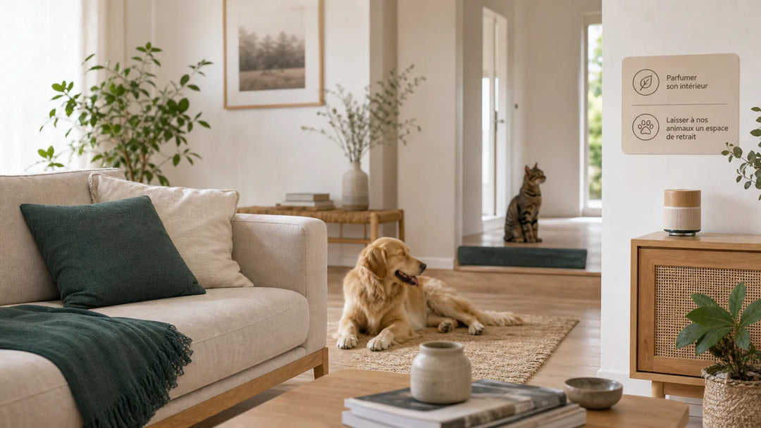 Salon chaleureux avec un chien et un chat éloignés d’un diffuseur générique placé en hauteur