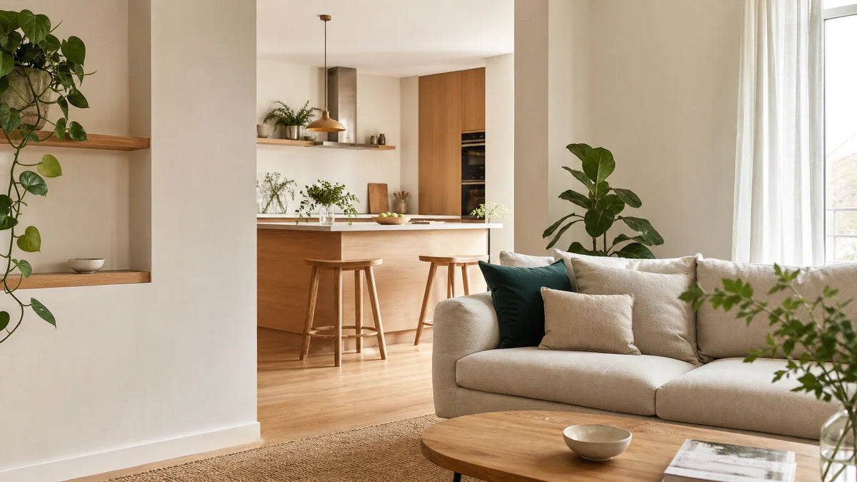 Intérieur français chaleureux avec cuisine ouverte, textiles naturels et ambiance fraîche après traitement des mauvaises odeurs Image