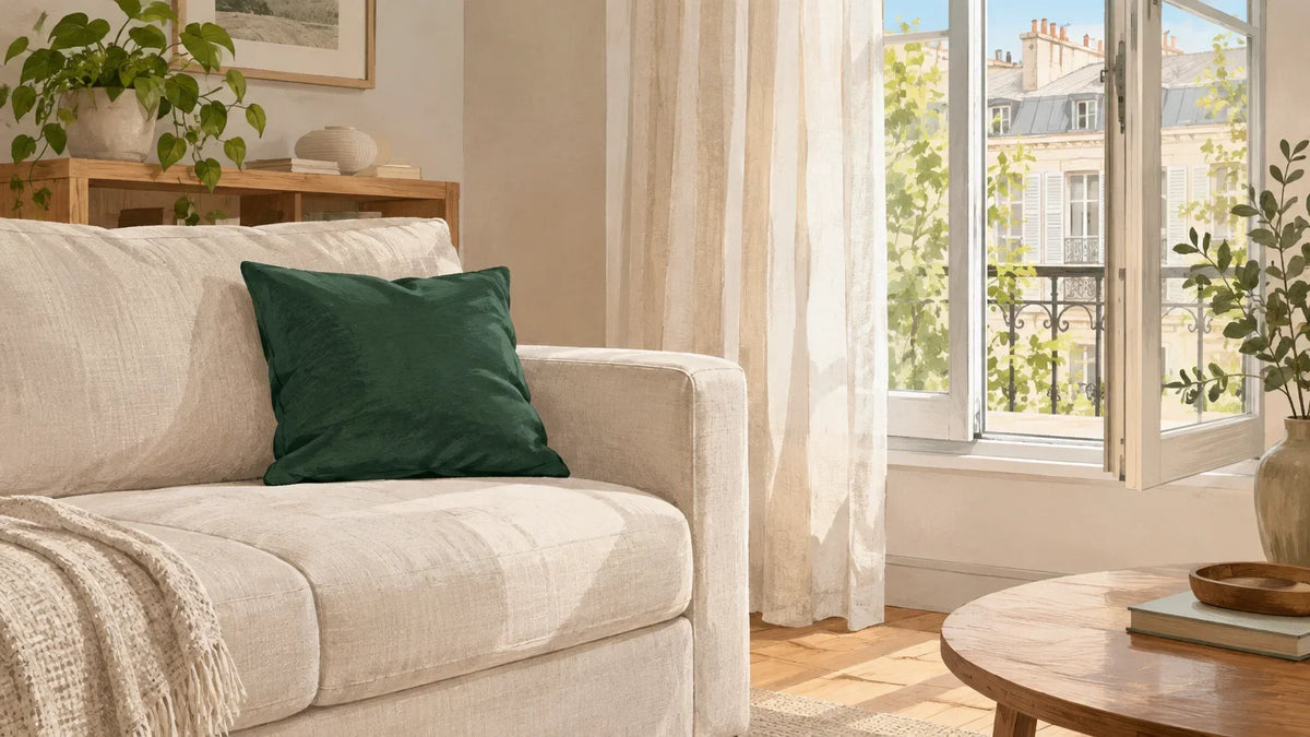 Canapé et rideau aérés dans un intérieur chaleureux Image