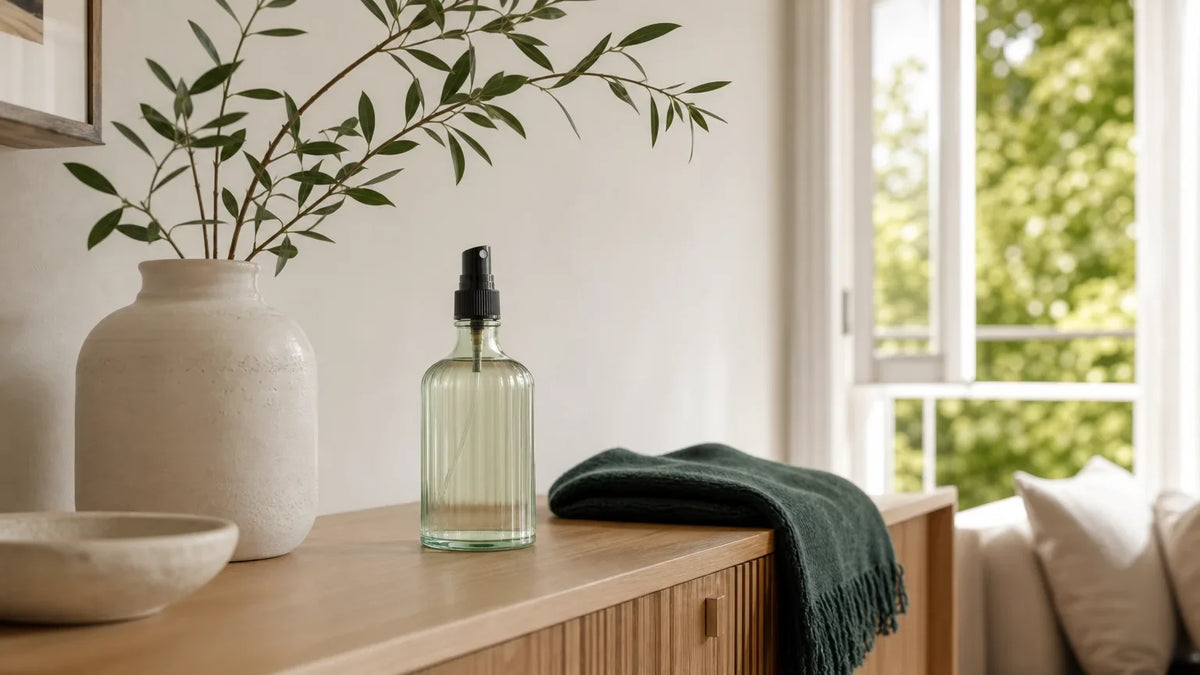 Flacon vaporisateur générique dans un salon lumineux près d’une fenêtre ouverte