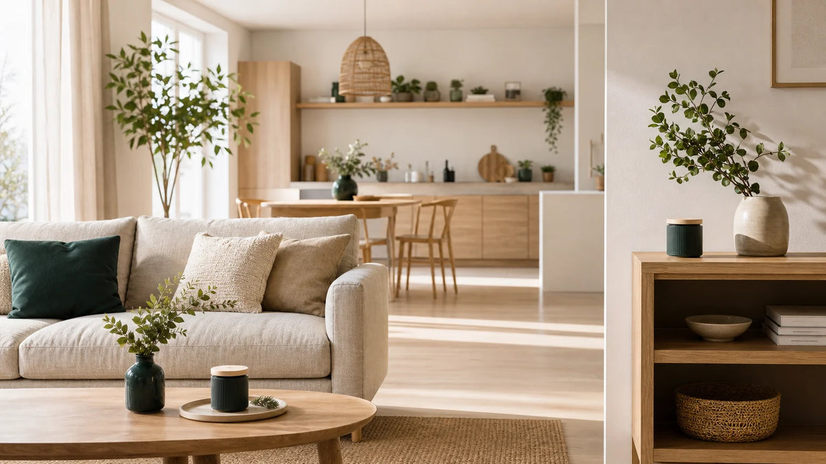 Intérieur français chaleureux avec une ambiance olfactive douce et naturelle
