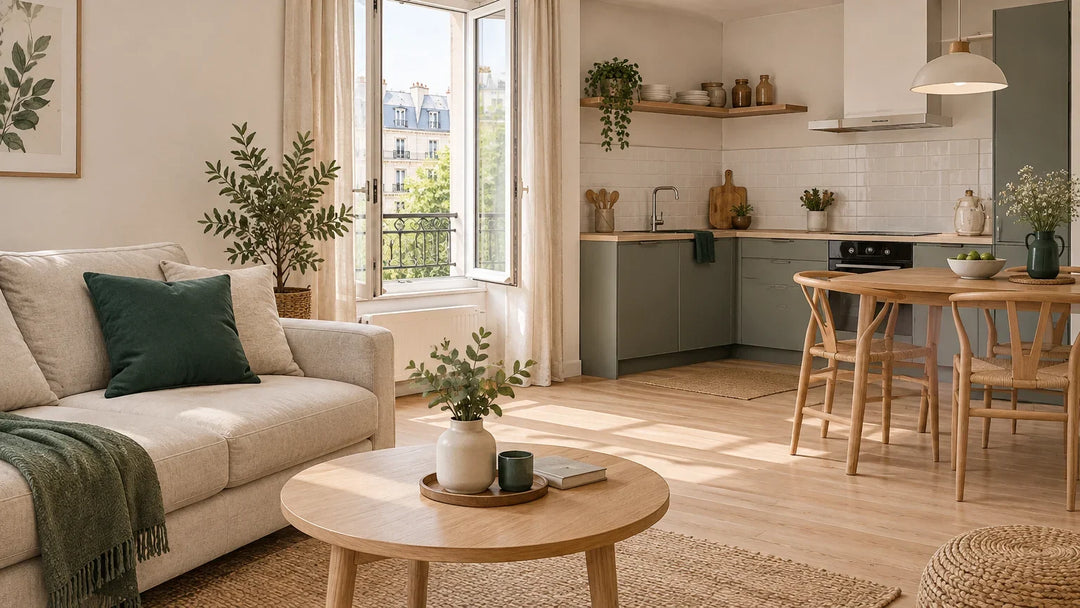 Salon et petite cuisine aérés dans un appartement chaleureux