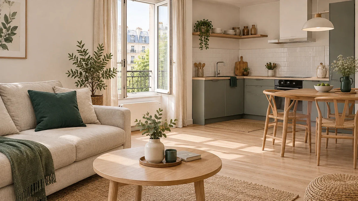 Salon et petite cuisine aérés dans un appartement chaleureux Bild
