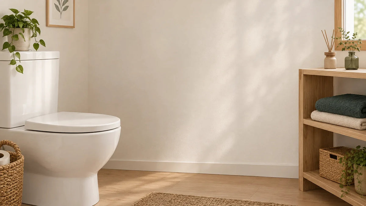 Des toilettes propres et lumineuses avec une touche végétale et un textile vert foncé Image