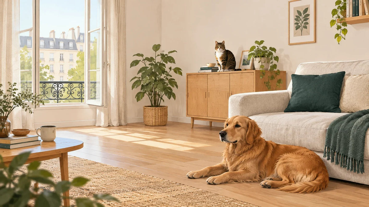 Salon lumineux avec un chien et un chat dans un intérieur aéré