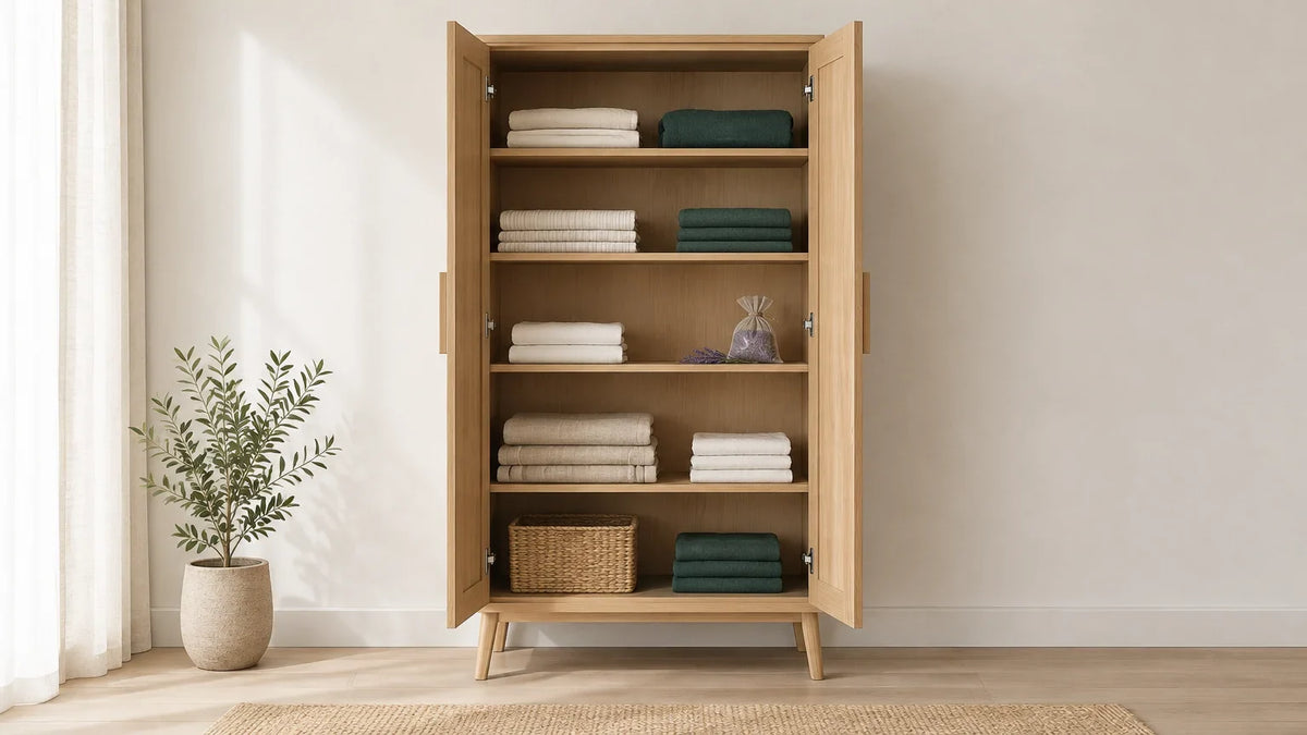 Armoire ouverte et rangée avec un petit sachet de lavande Bild