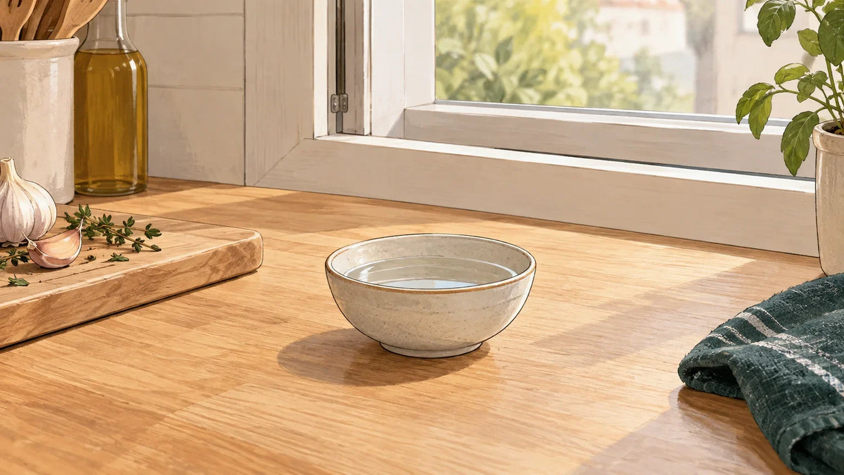 Bol de vinaigre blanc près d’une fenêtre dans une cuisine lumineuse