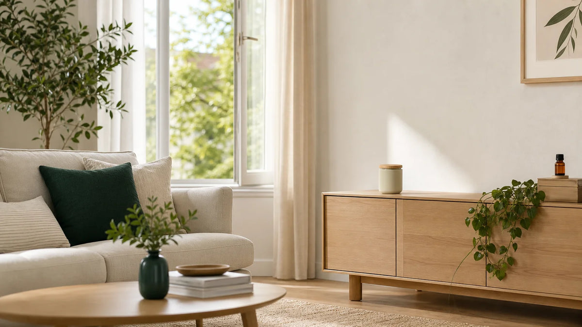 Intérieur familial aéré avec diffuseur générique placé hors de portée des enfants Image