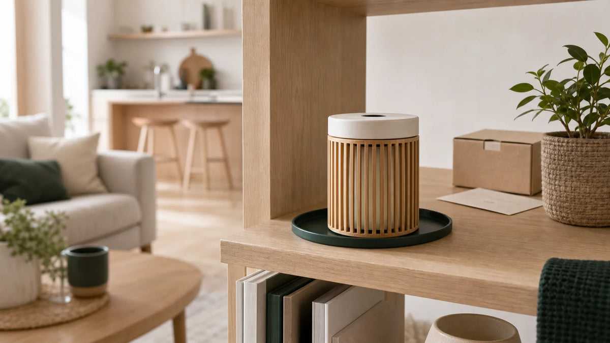 Diffuseur d’ambiance générique dans un intérieur français avec colis de retour