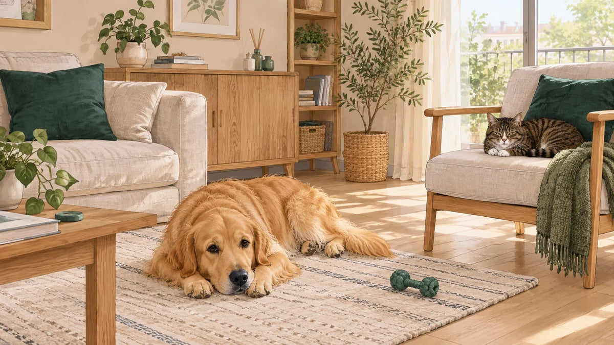 Un chien et un chat se reposent dans un salon chaleureux et ordonné
