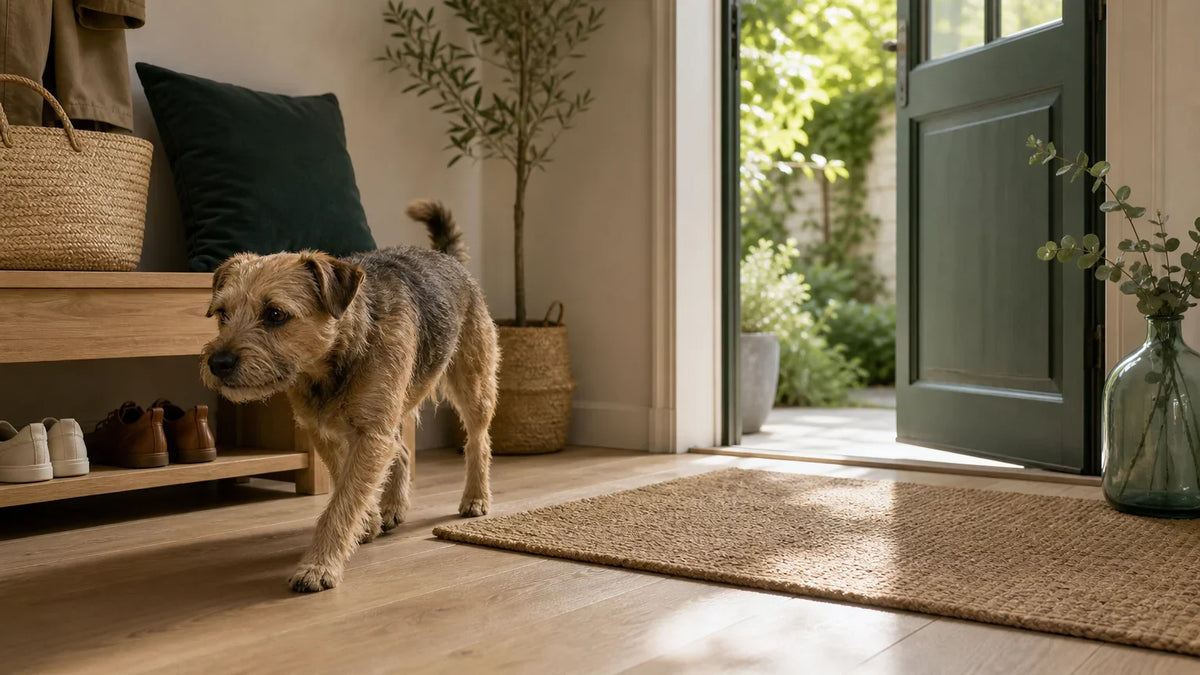 Chien dans une entrée française aérée avec tapis et chaussures rangées