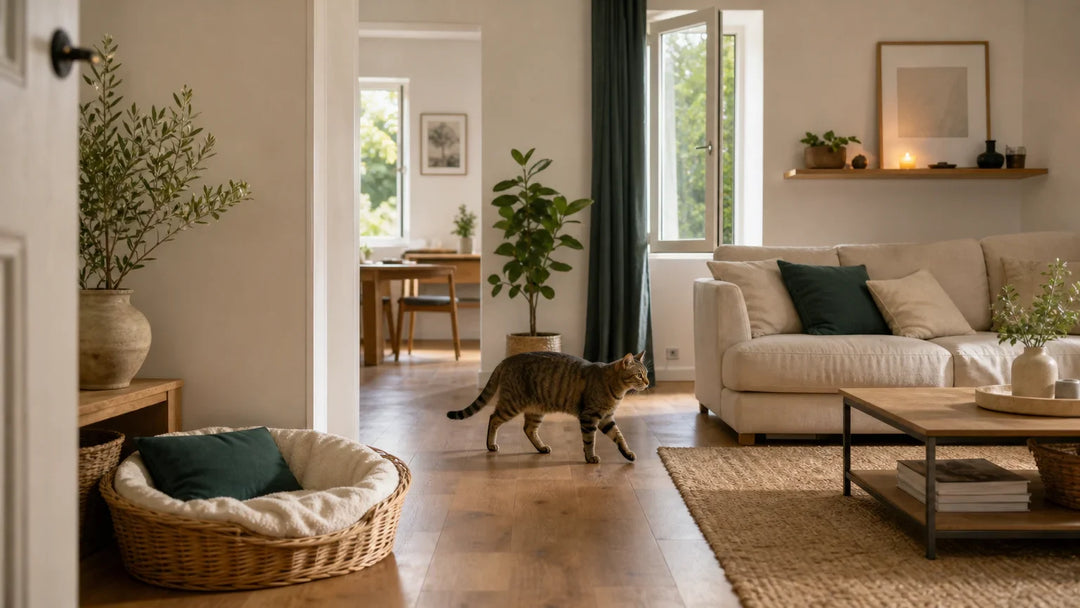 Intérieur lumineux avec un panier pour chien, un textile lavable et une fenêtre entrouverte