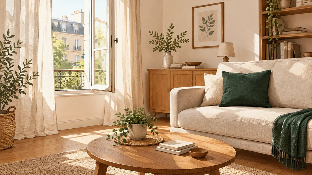 Fenêtre ouverte dans un salon français lumineux pour renouveler l’air intérieur