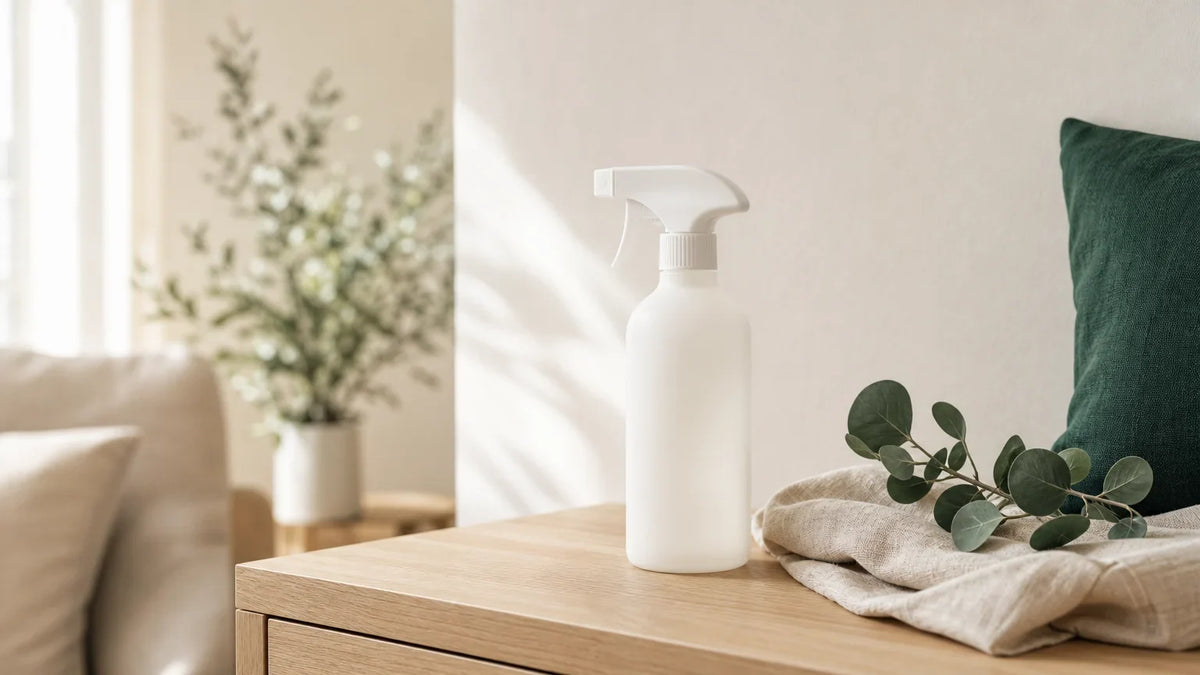 Flacon vaporisateur générique près d’un linge propre dans un intérieur chaleureux