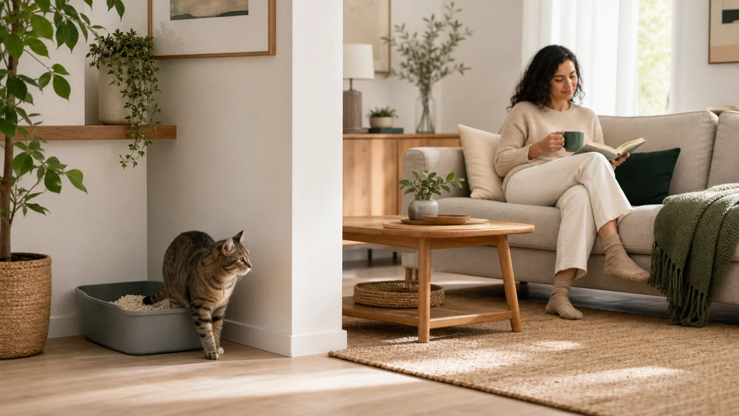 Un chat près de son bac à litière dans un salon lumineux