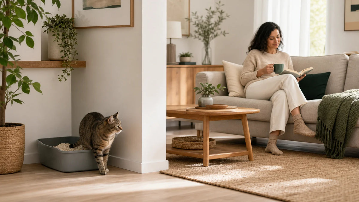 Un chat près de son bac à litière dans un salon lumineux