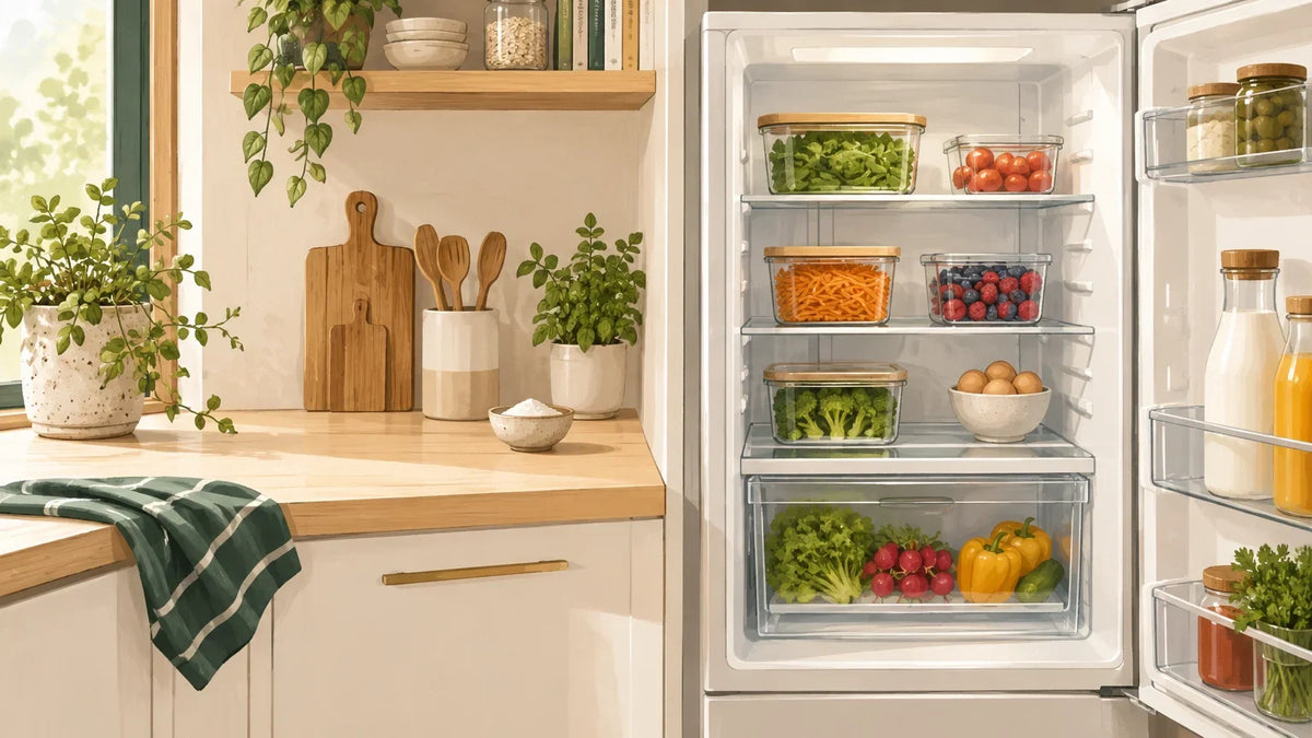 Réfrigérateur propre avec aliments fermés et coupelle de bicarbonate Image