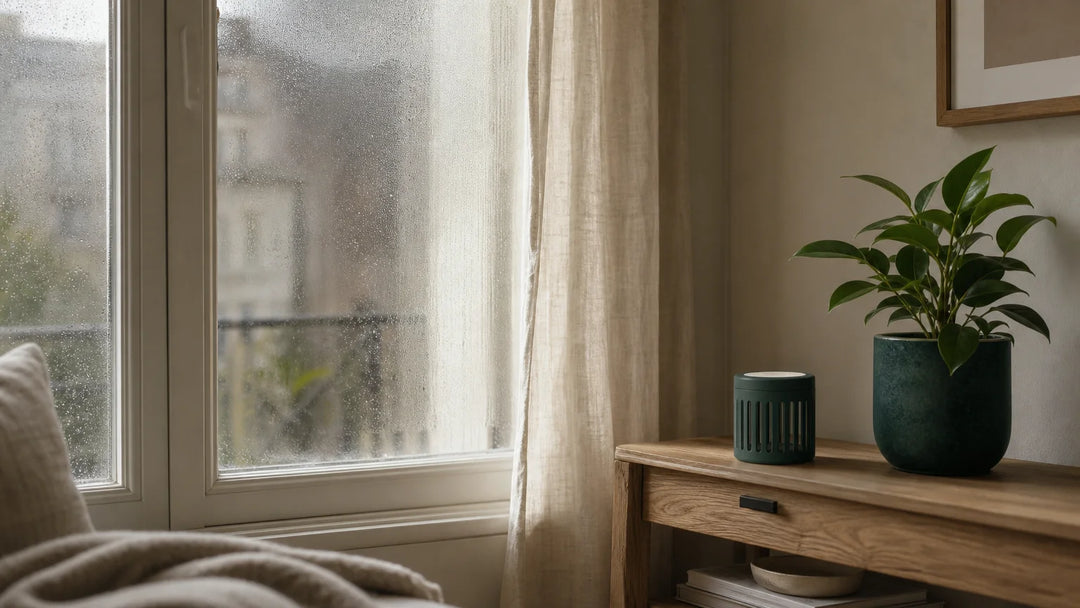 Fenêtre légèrement embuée dans un intérieur chaleureux évoquant une odeur d’humidité