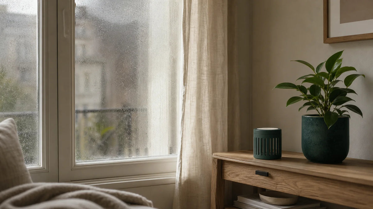 Fenêtre légèrement embuée dans un intérieur chaleureux évoquant une odeur d’humidité