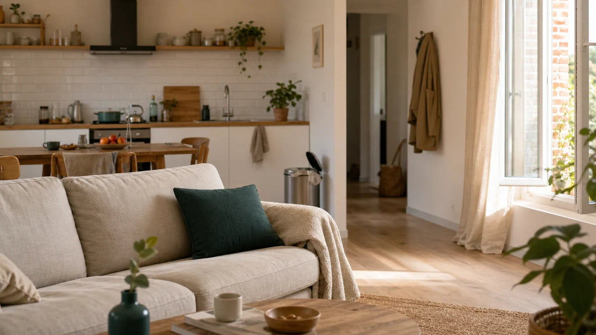 Intérieur français naturel et chaleureux avec une fenêtre ouverte pour renouveler l’air