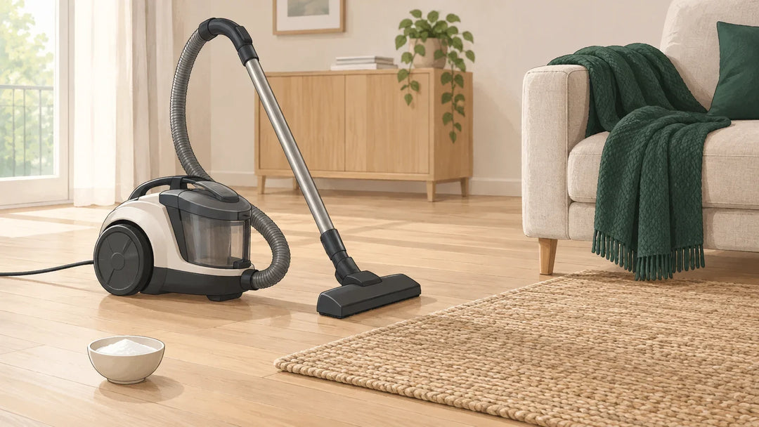 Aspirateur domestique dans un salon lumineux, près d’un bol de bicarbonate