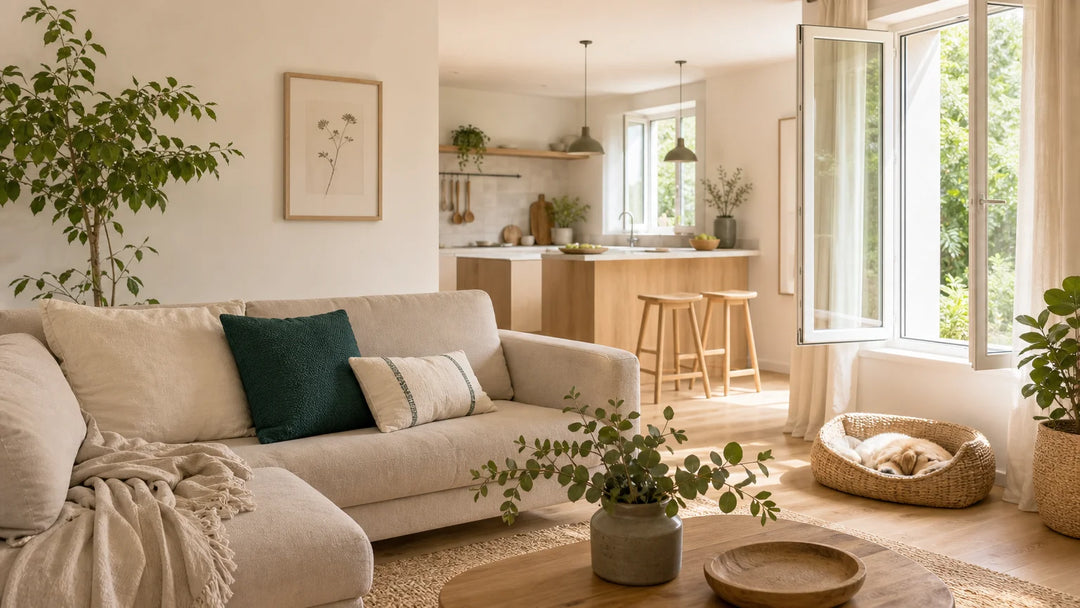 Intérieur français aéré avec textiles et espace pour animal